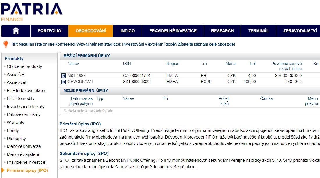 PR.KLIKY M&T úpis IPO Patria