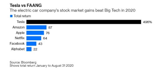 Tesla FAANG akcie valuace