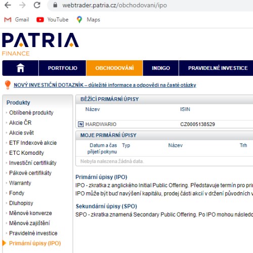 HARDWARIO IPO PATRIA WEBTRADER