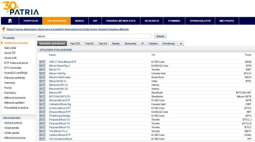 Tabulka: Možnosti investice do bitcoinu skrze ETF v obchodní platformě Patria Finance