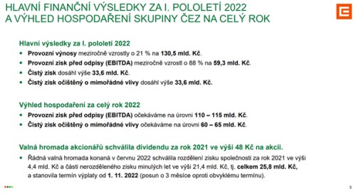 Graf: Hlavní parametry výsledků za 1H a 2Q22 a výhled 2022