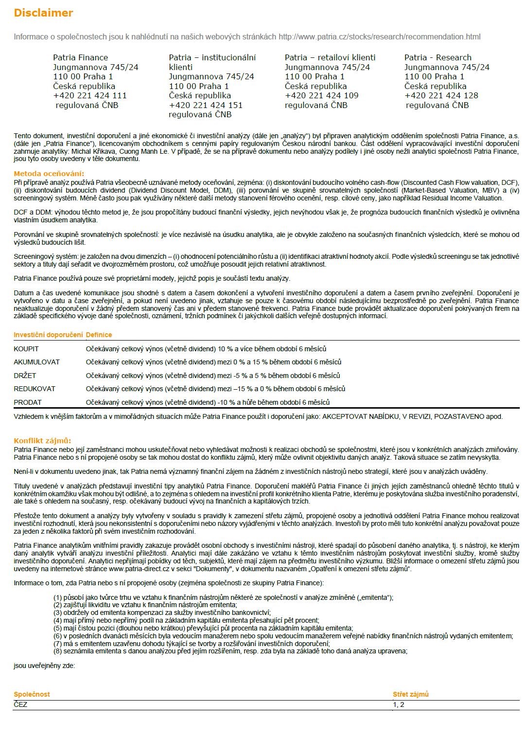 ČEZ – Pod tlakem klesajících cen elektřiny (nové doporučení a cílová cena Patrie)