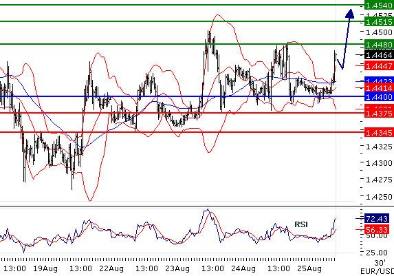 EURUSD - Intradenní aktualizace: Ataky úrovně 1,448 pokračují, čekání na Bernankeho